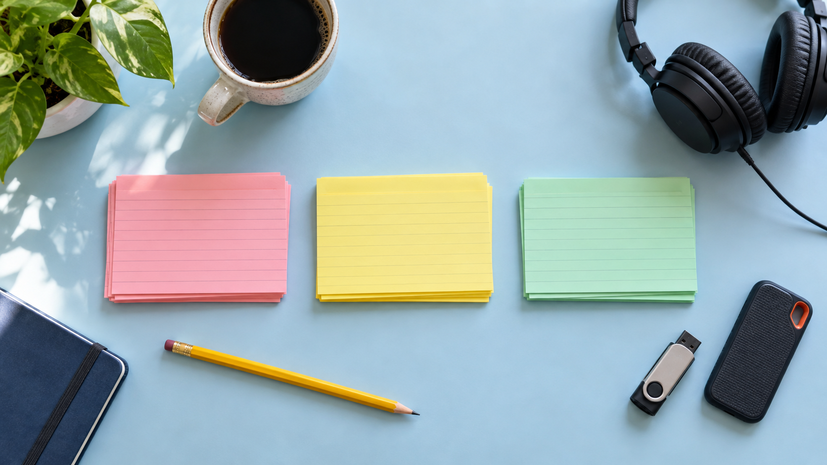 Blank colored index cards organized beside headphones and drives