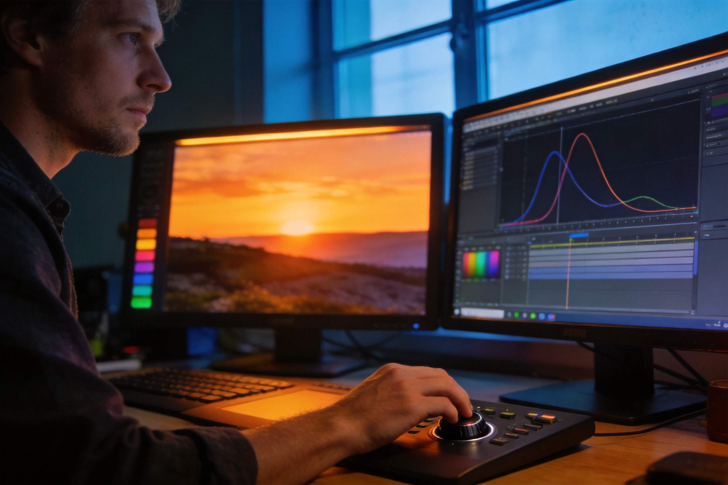 Man editing a sunset photo on dual monitors with color curves and a control panel