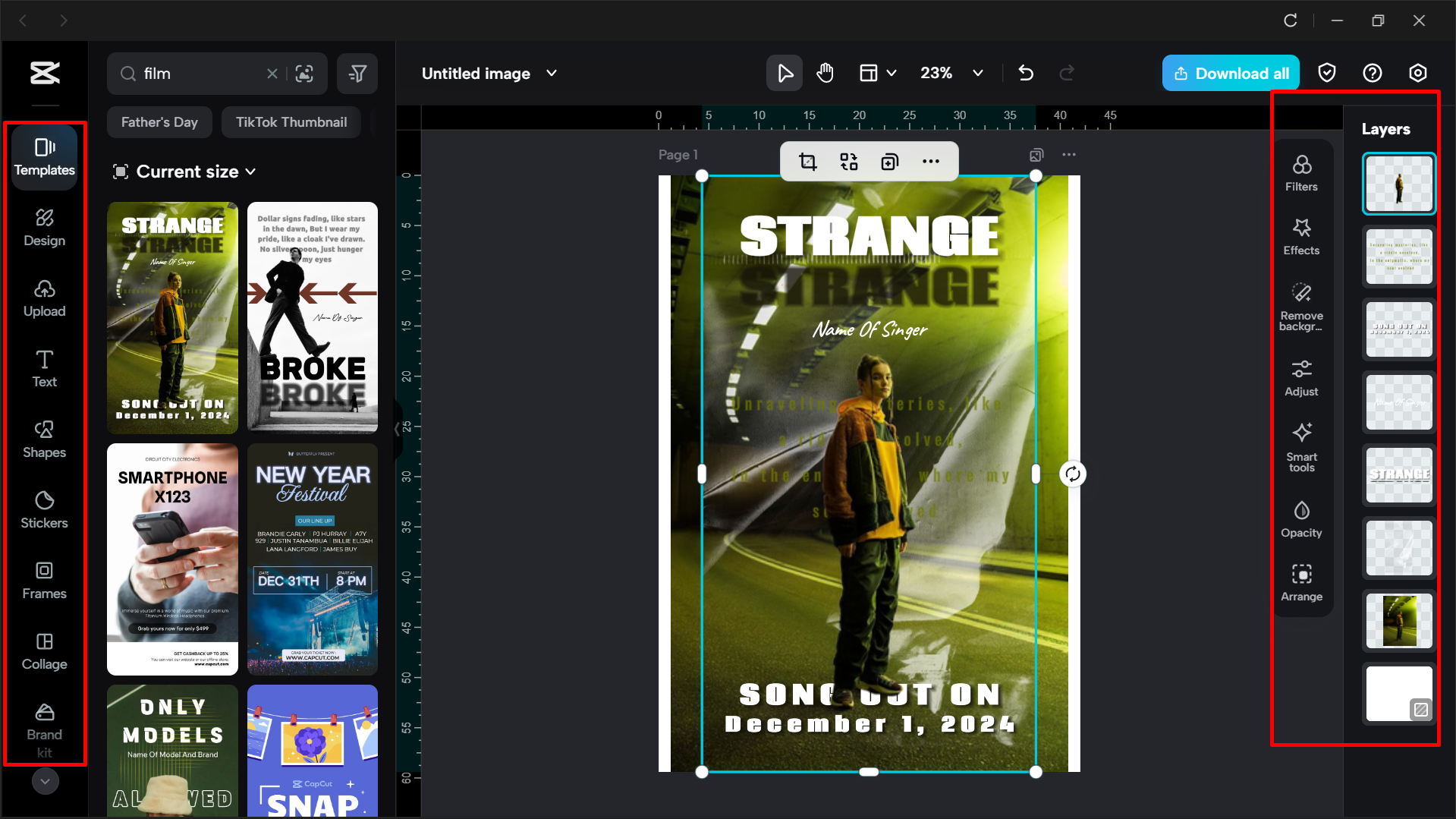 Bearbeiten der Filmvorlage mit Tools im CapCut Desktop-Videoeditor