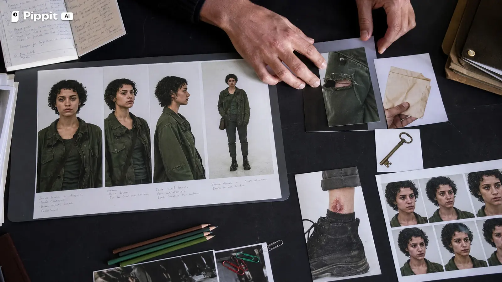 A practical continuity packet records identity views, wardrobe damage, an envelope, a key, and an injury.