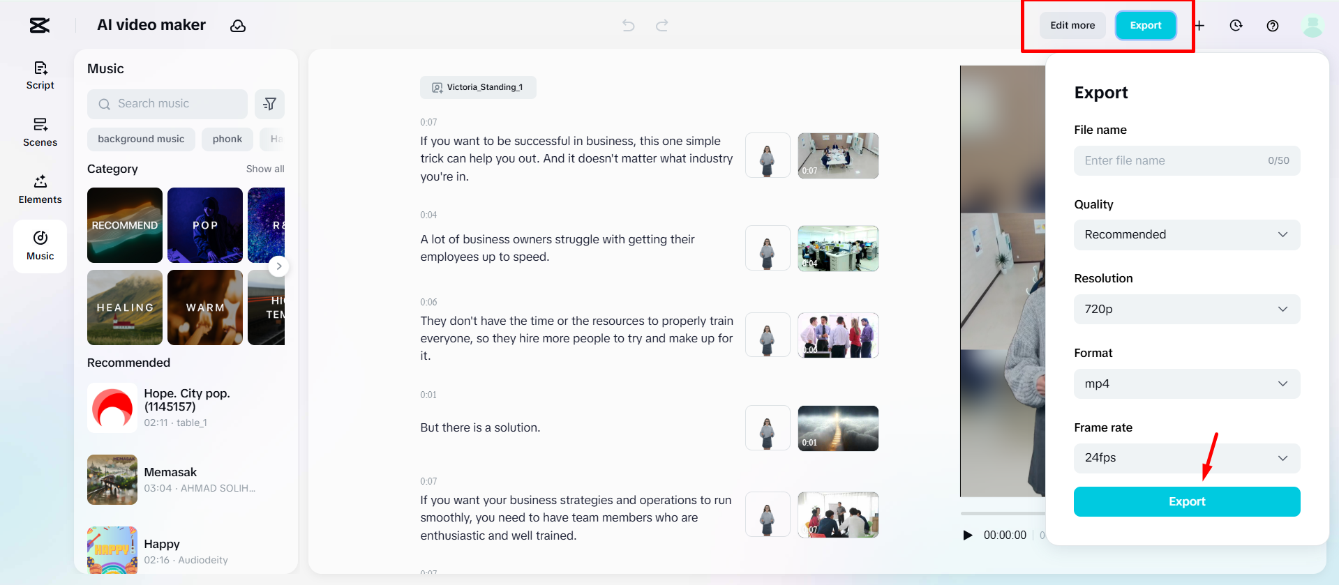 Downloading the avatar video from the CapCut Web