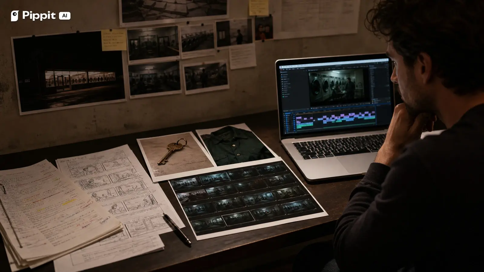 A filmmaker connects a shooting script, storyboards, continuity photos, scene clips, and an edit timeline.