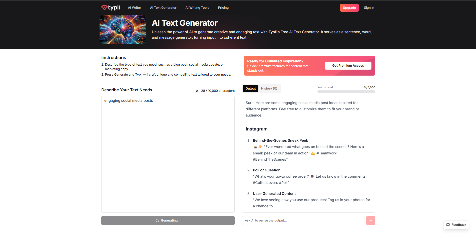Interface de Typli.ai - un générateur de texte en ligne basé sur l'IA et convivial