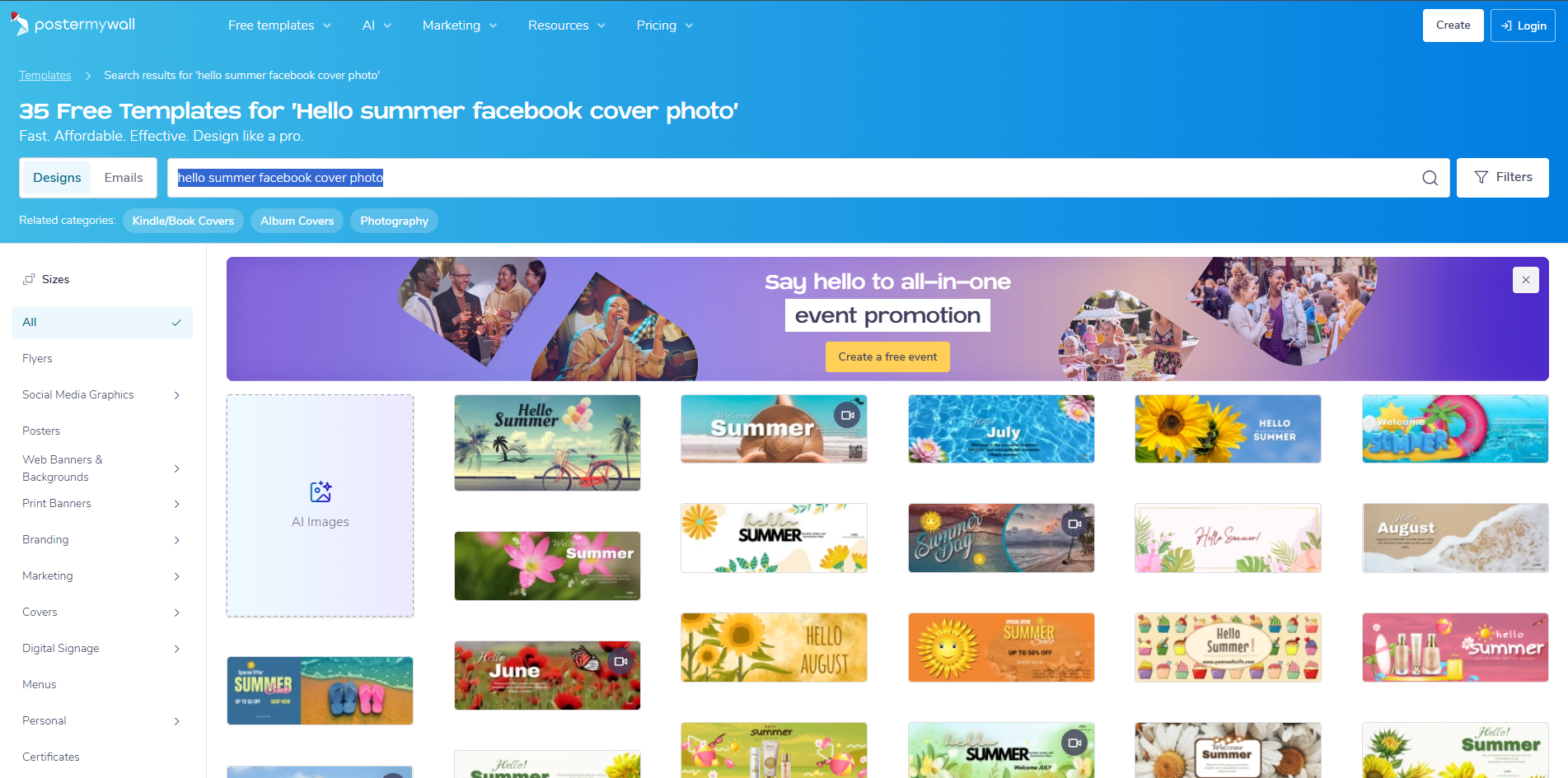 Interface of PosterMyWall - a place to find summer Facebook cover photos