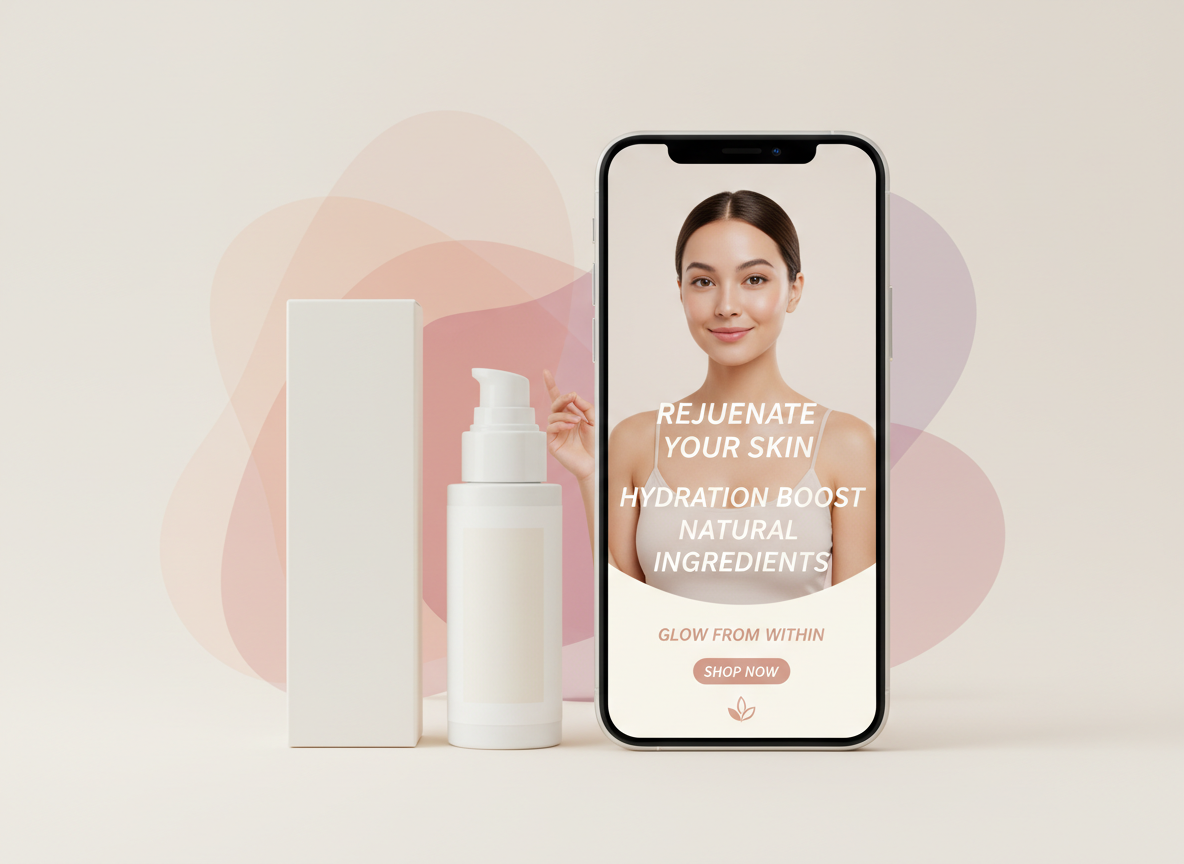 AI avatar introduces skincare bottle benefits; vertical phone mockup shows captions and end card alongside clean product hero shot.