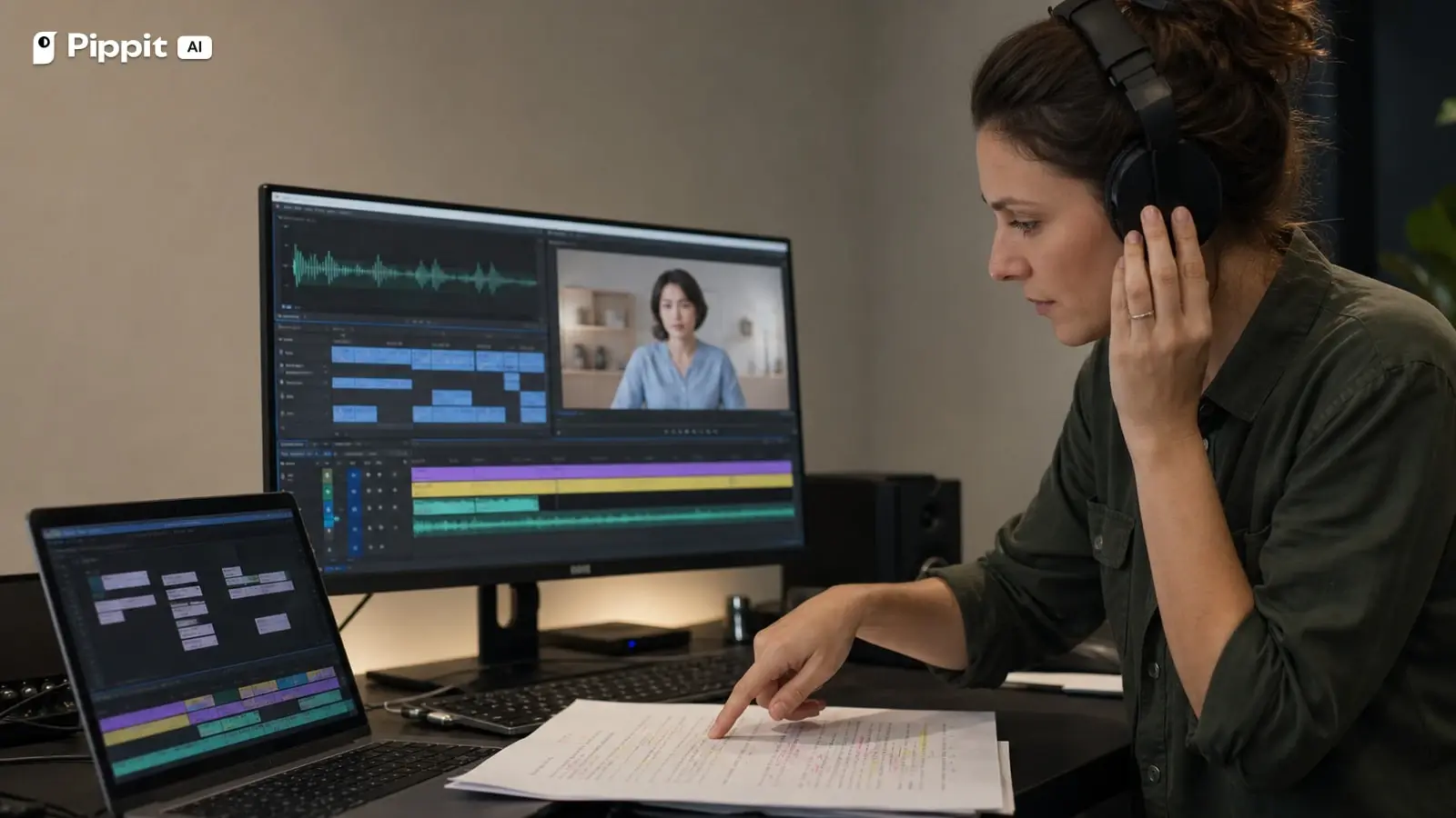 An editor compares a marked script, waveform, caption blocks, and one short avatar test clip.