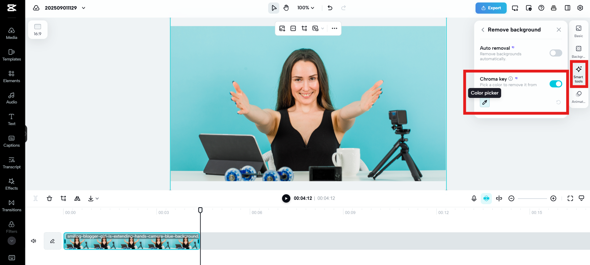 Access Chroma key under Smart tools