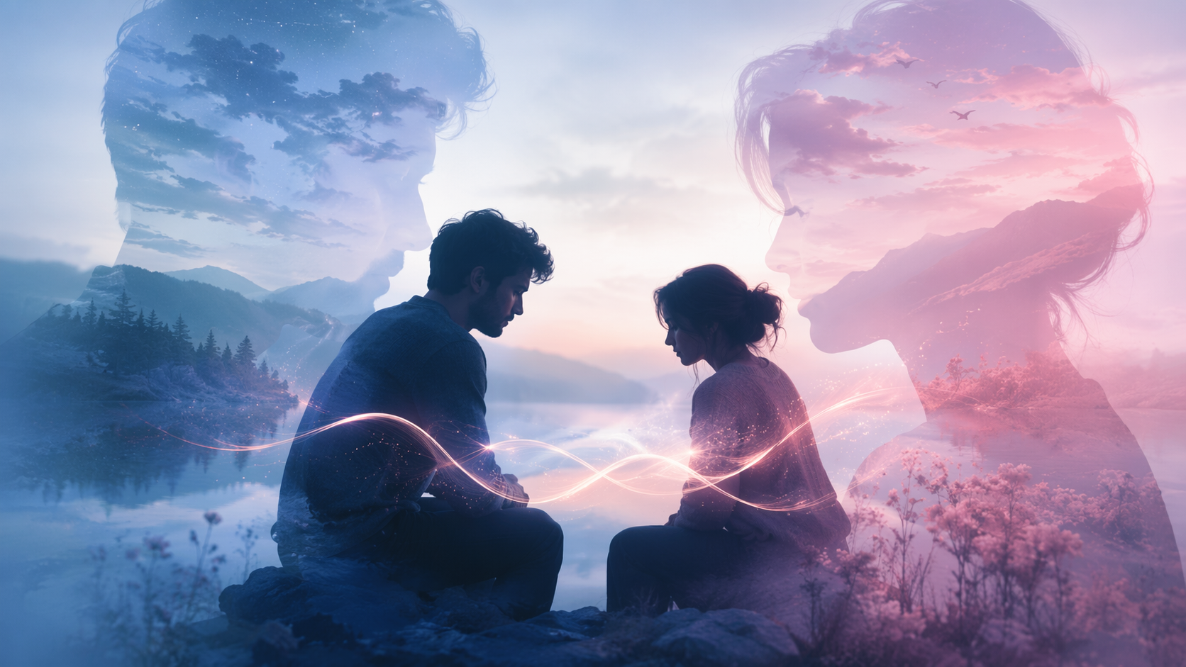 Dreamina Couple Soul AI Photos Prompts prompt example 6: Cinematic Soulmate Glow