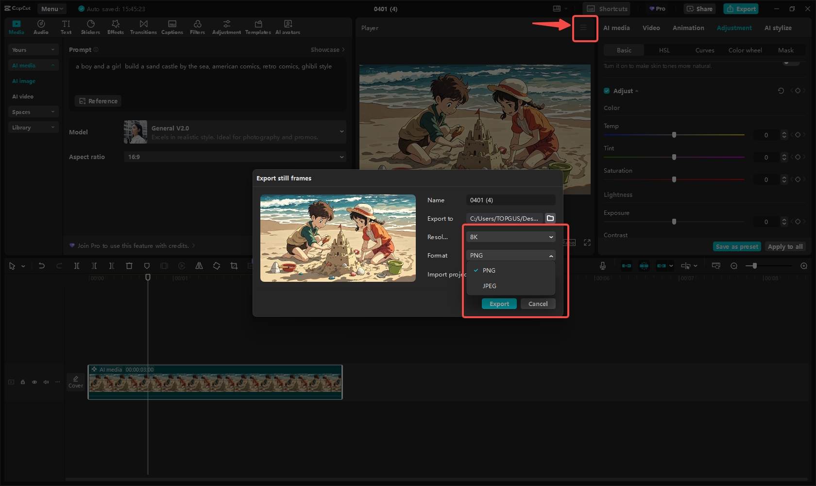 Exporting the image