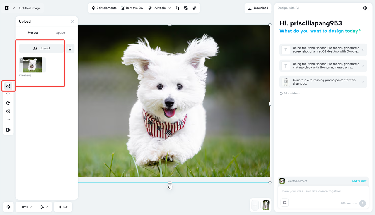 Upload the image to CapCut