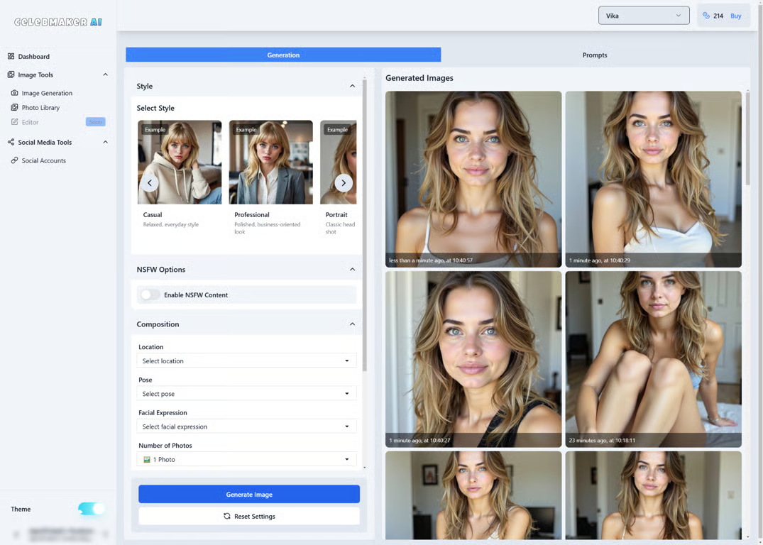 Interface of CelebMakerAI - another AI influencer generator