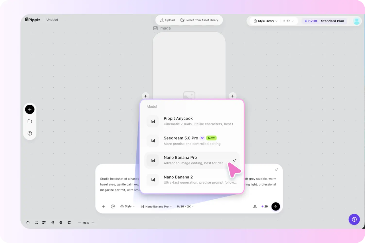 Select AI model and input narrative prompt in Pippit