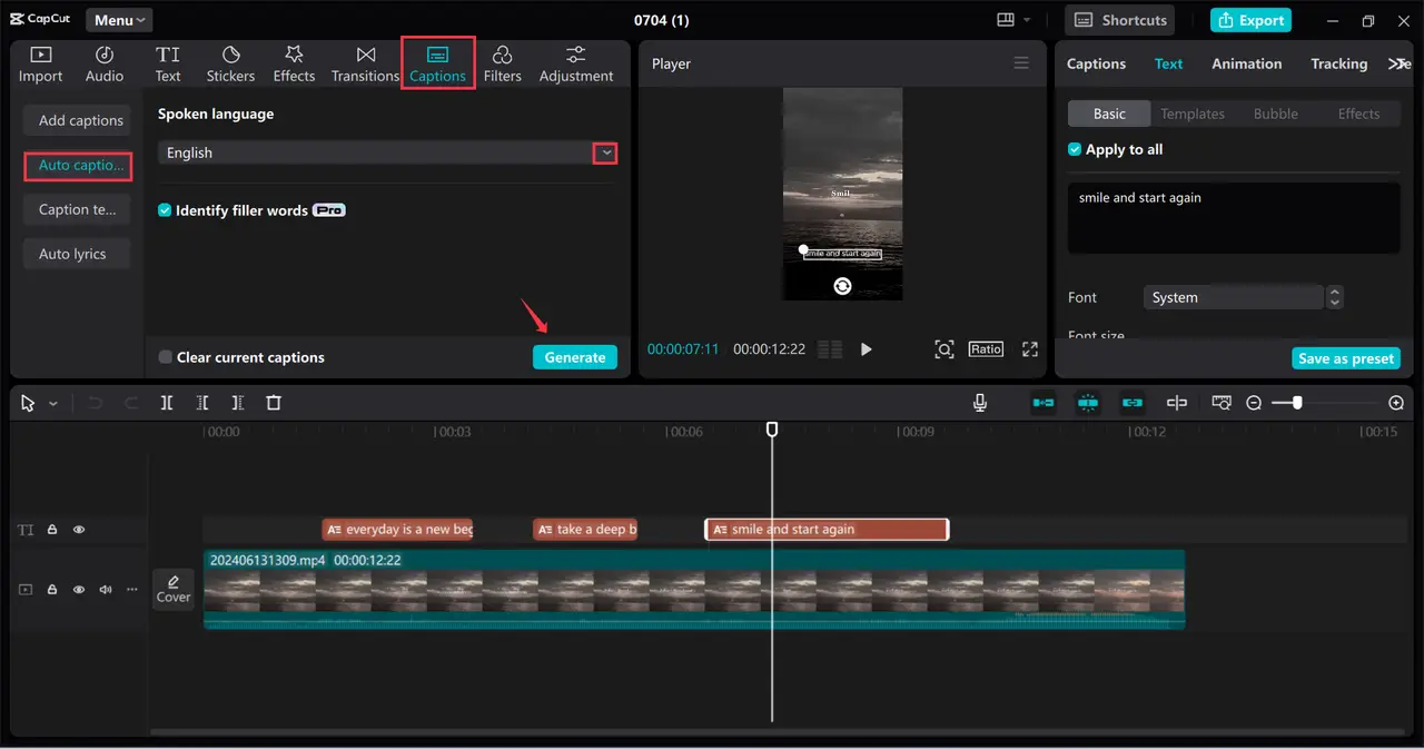Menambahkan teks ke video di CapCut editor video desktop