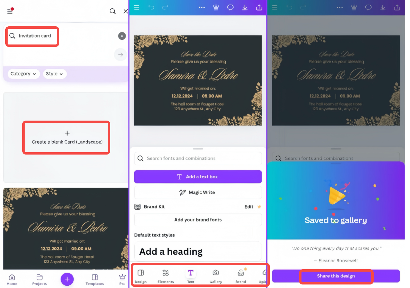 Showing how to use Canva's invitation maker app