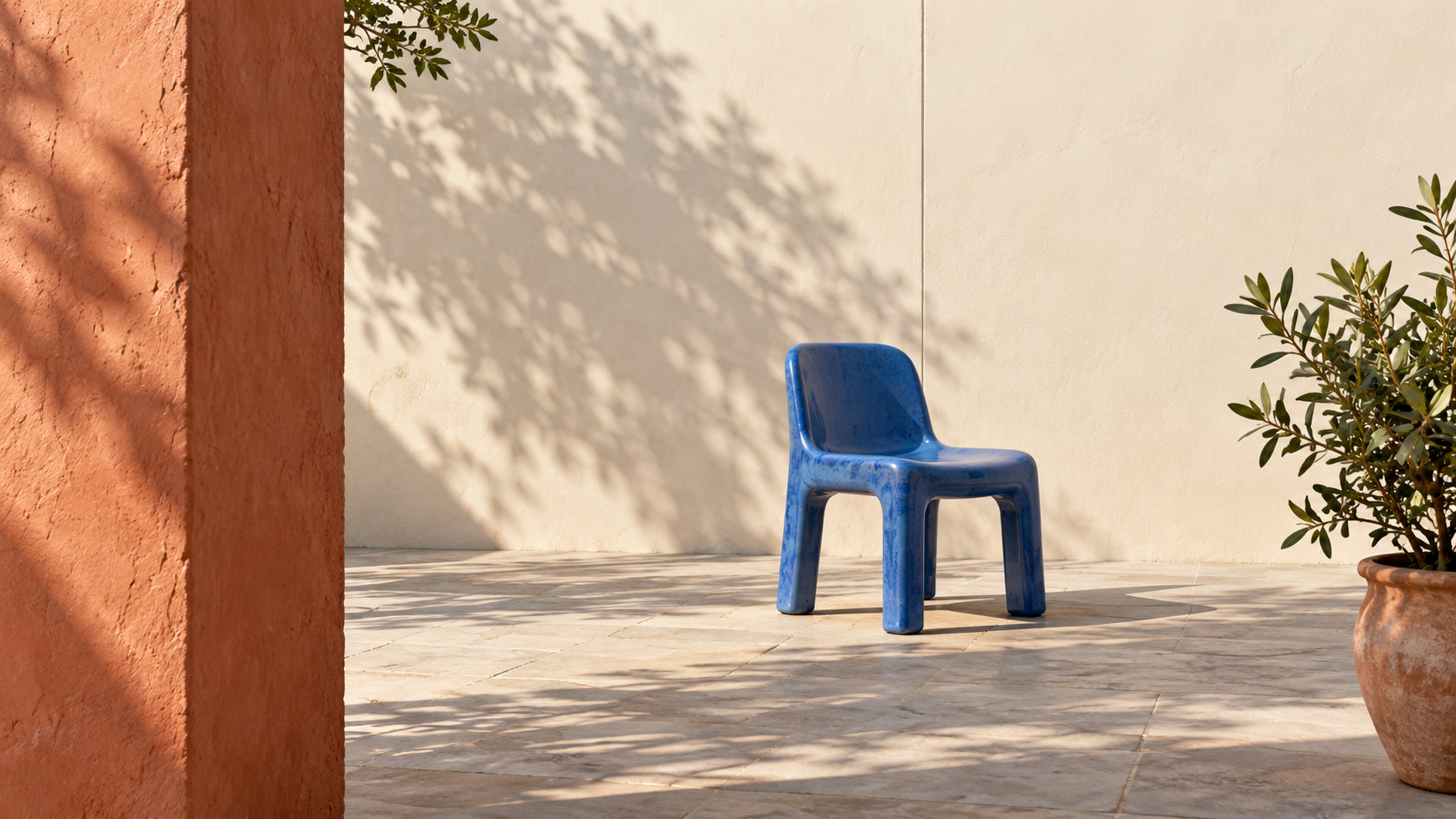 Original synthetic courtyard with a nearby pillar a blue chair and a distant wall