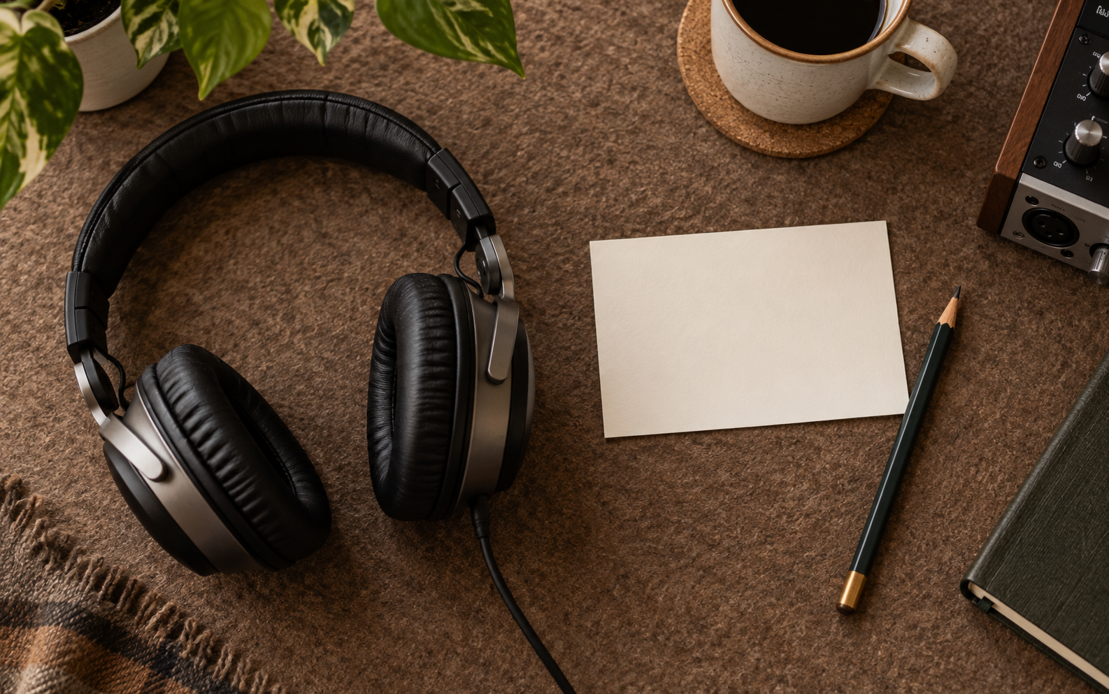 Overhead still life of quality headphones, a blank reference take card and pencil on warm felt desktop, calm editorial photograph.