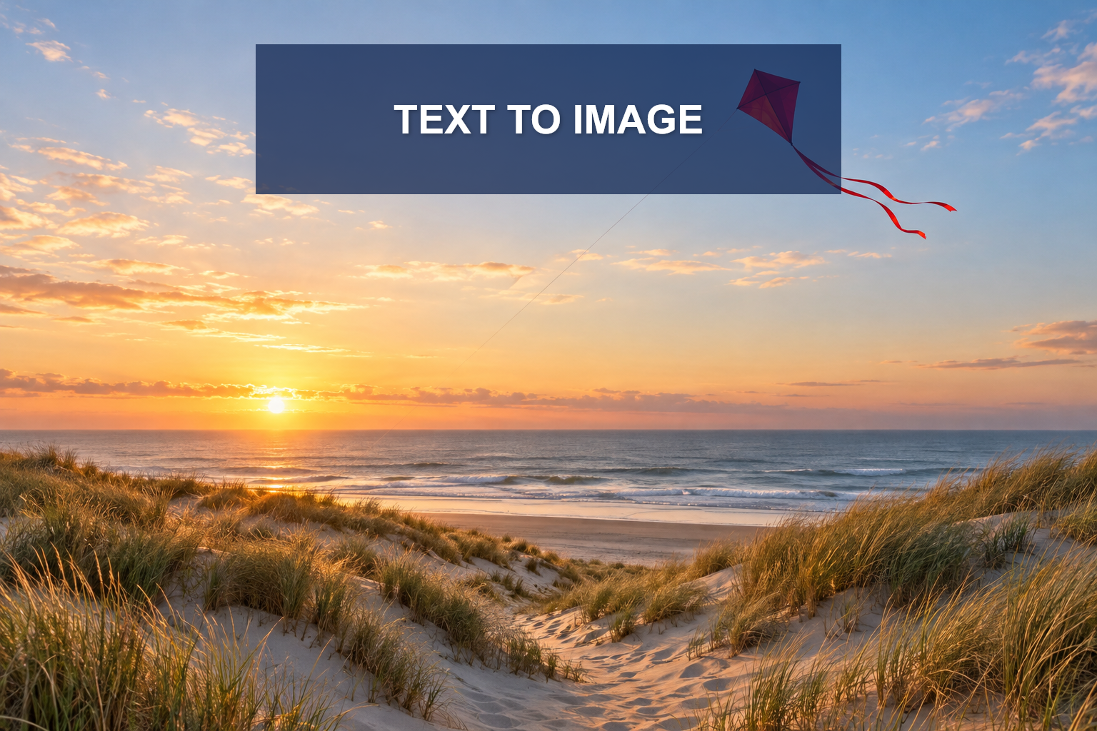 Original red paper kite above a wind-swept dune at warm sunset