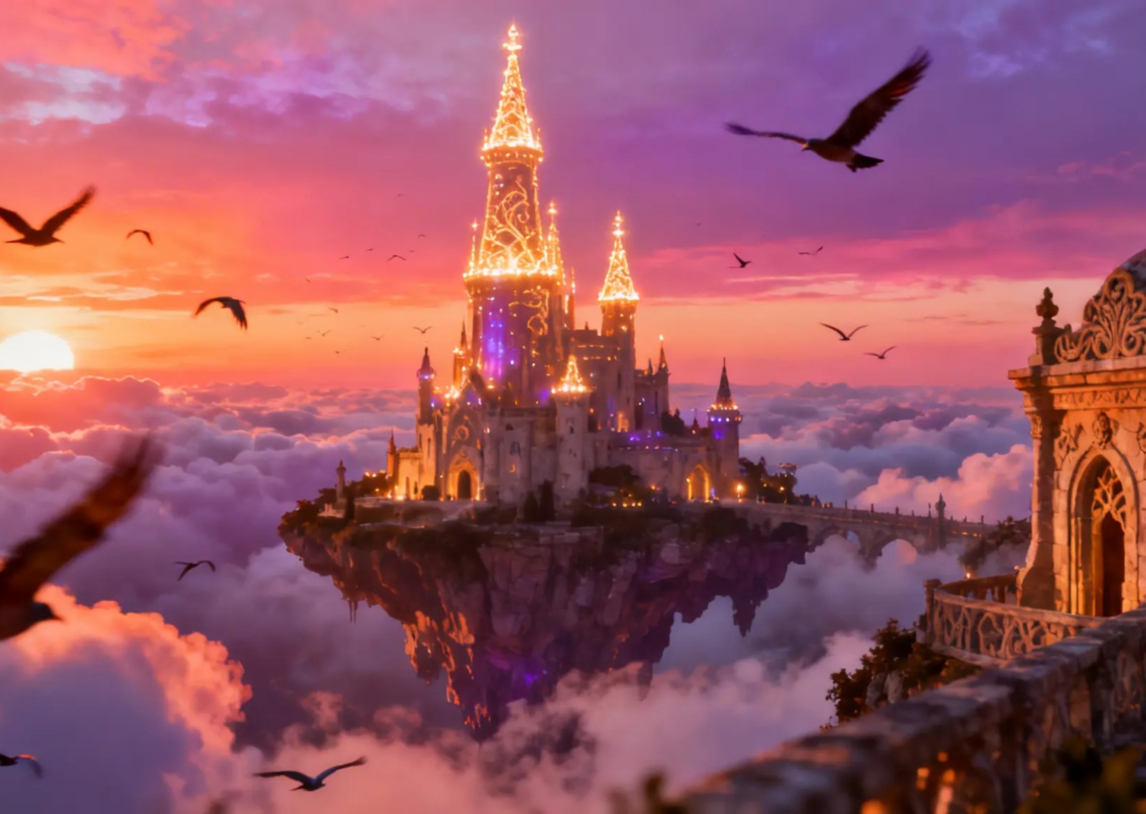 A magical floating castle above clouds