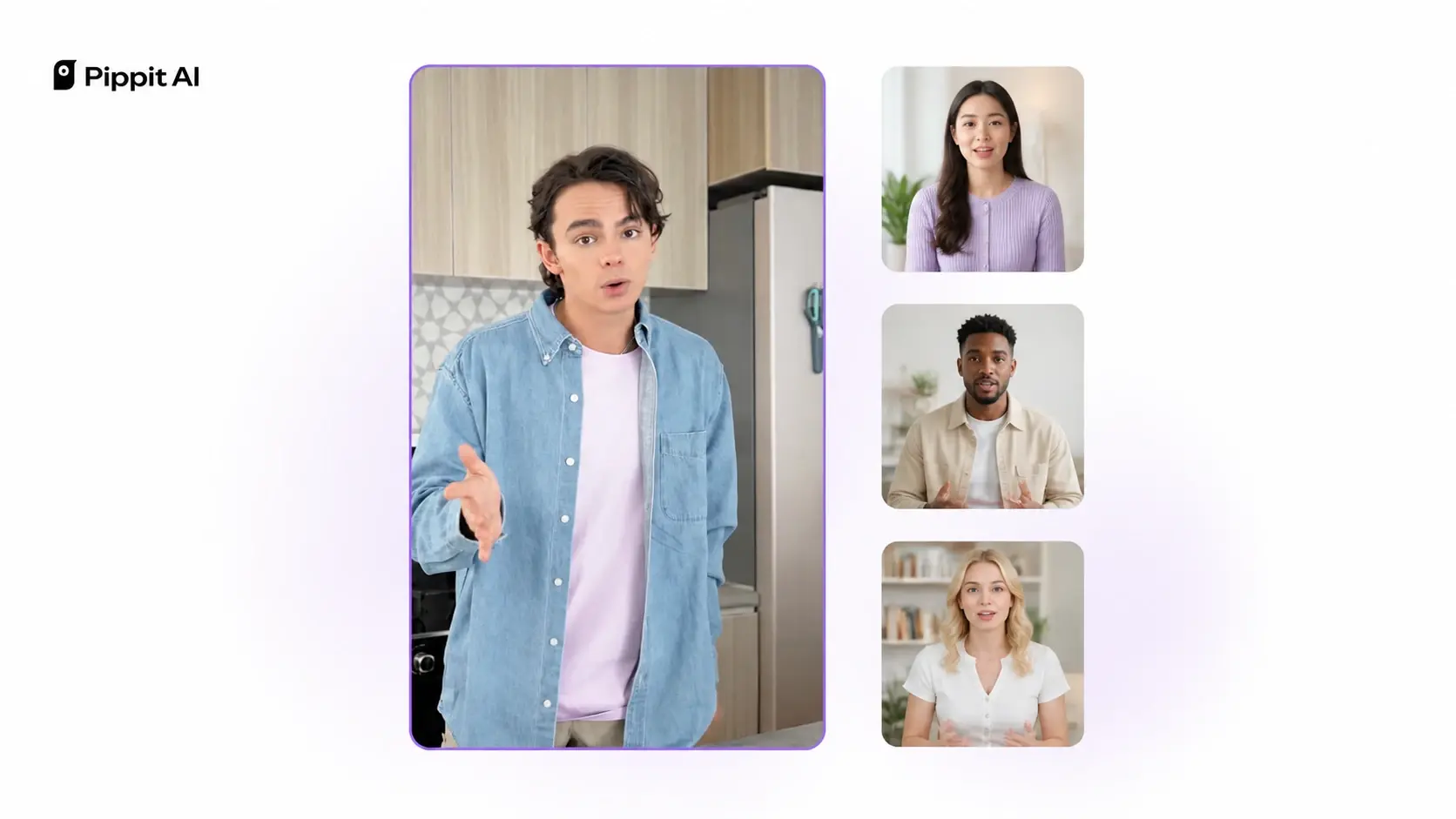 Man speaking in a kitchen beside three avatar portraits