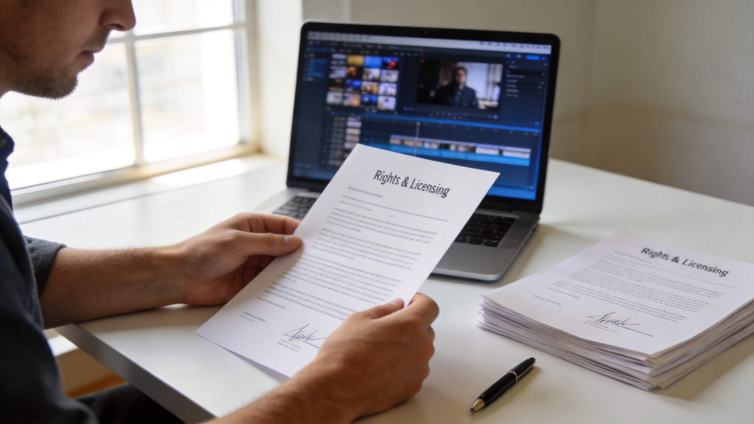 Person reviews rights and licensing documents beside a laptop editing timeline
