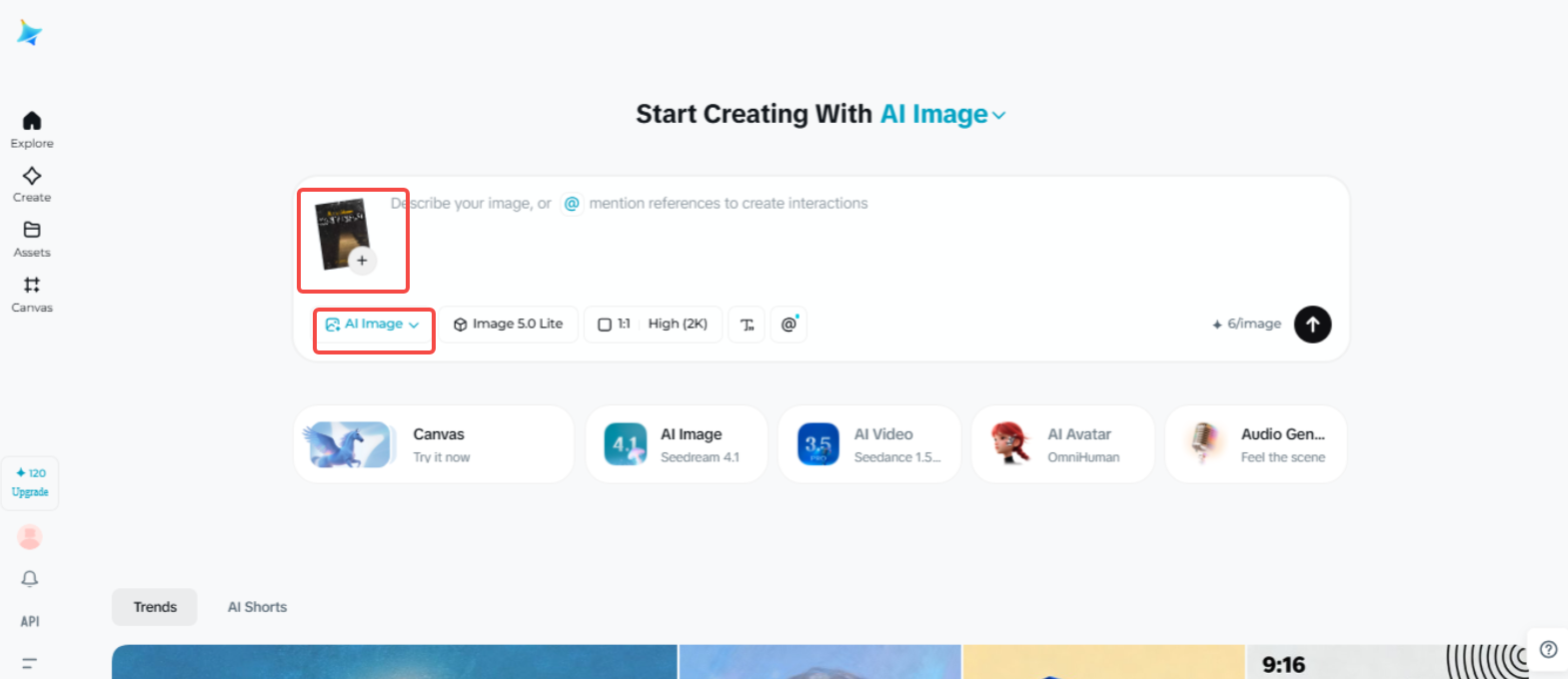 Accessing the "AI Image" feature in Dreamina