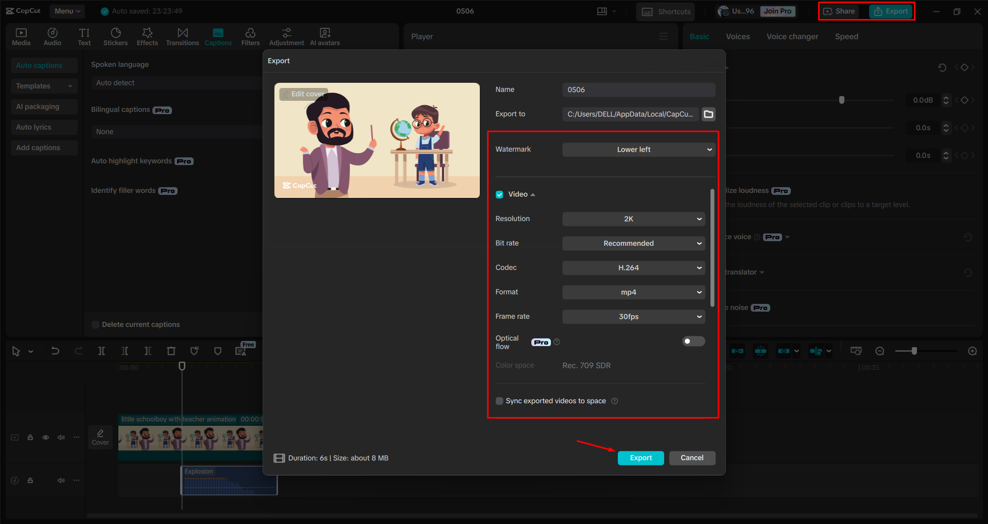 Exporting a video from the CapCut desktop video editor