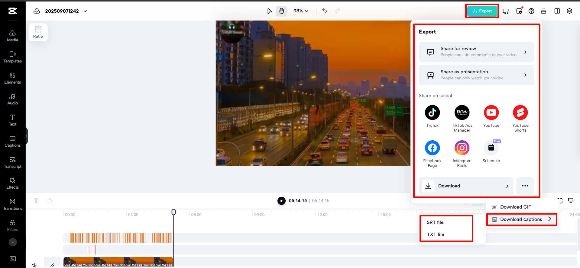 Exporting video with captions