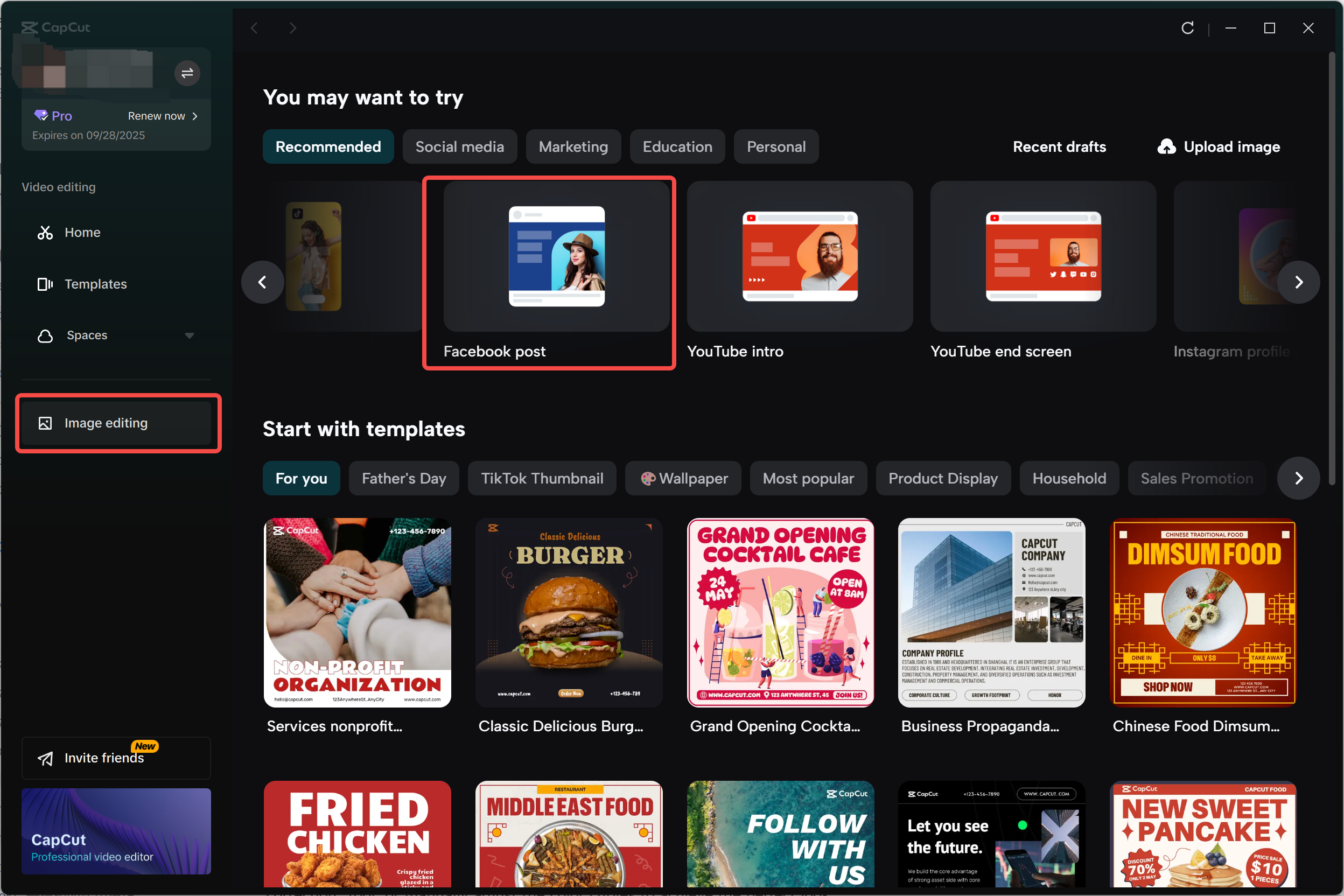 Choosing a Facebook ad template in the CapCut desktop video editor