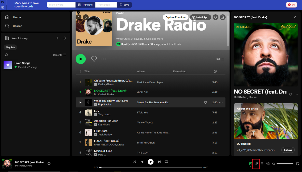 Spotify-Liedtext-Schaltfläche