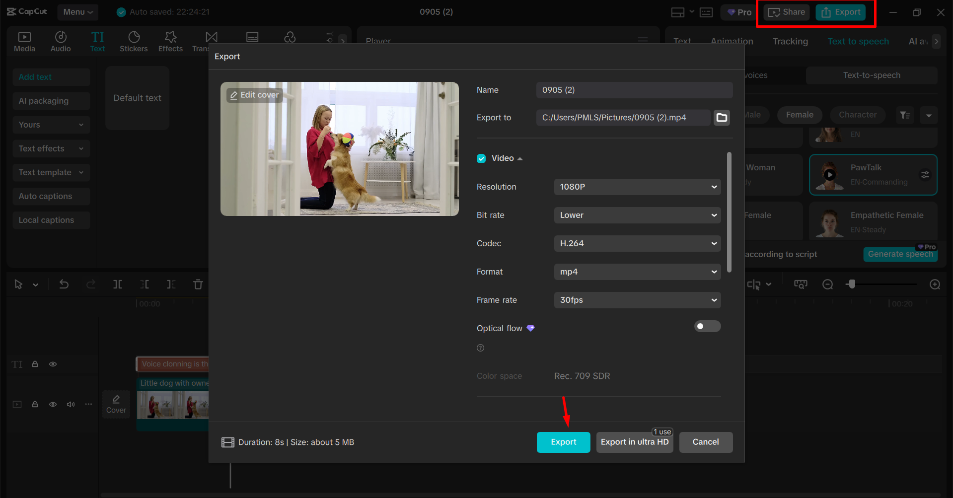 Export videa z editoru videa pro stolní počítače CapCut