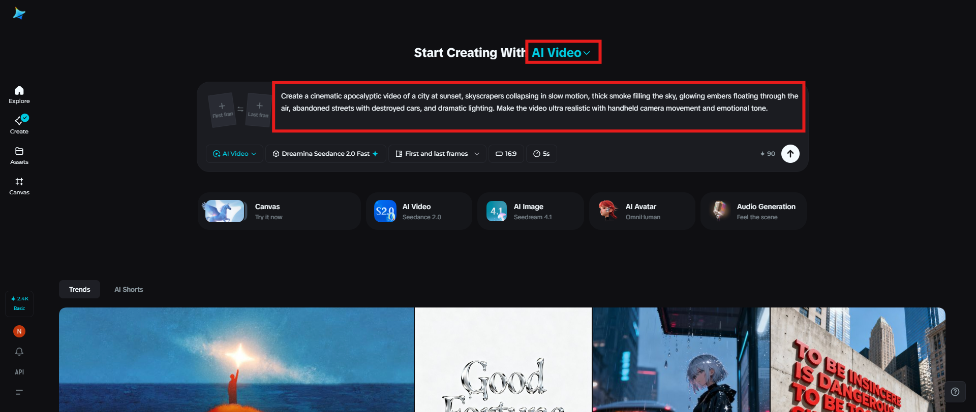 Starta Dreamina och ange en textmeddelande