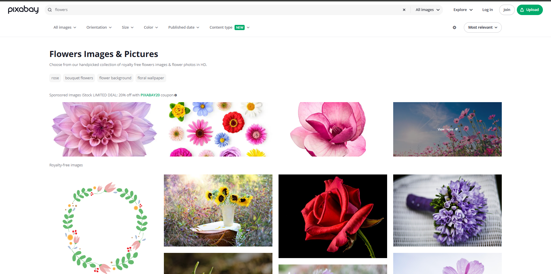 Interface of Pixabay - an online resource for flower Facebook cover photos