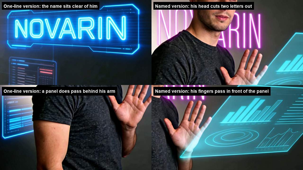 Four enlarged crops: a glowing name bar with nothing in front of it, a magenta name with the man's head hiding two letters, a screen edge cut off by the man's arm, and a hand whose fingers cross in front of a tilted panel.