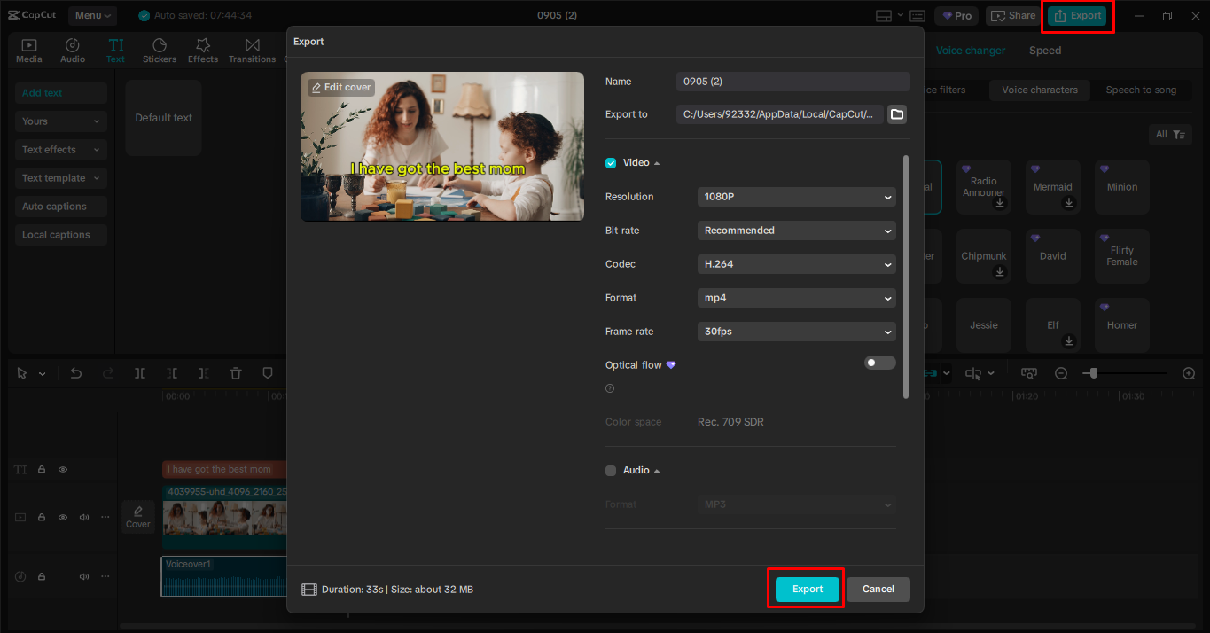 Exportação de vídeo do editor de vídeo de desktop CapCut