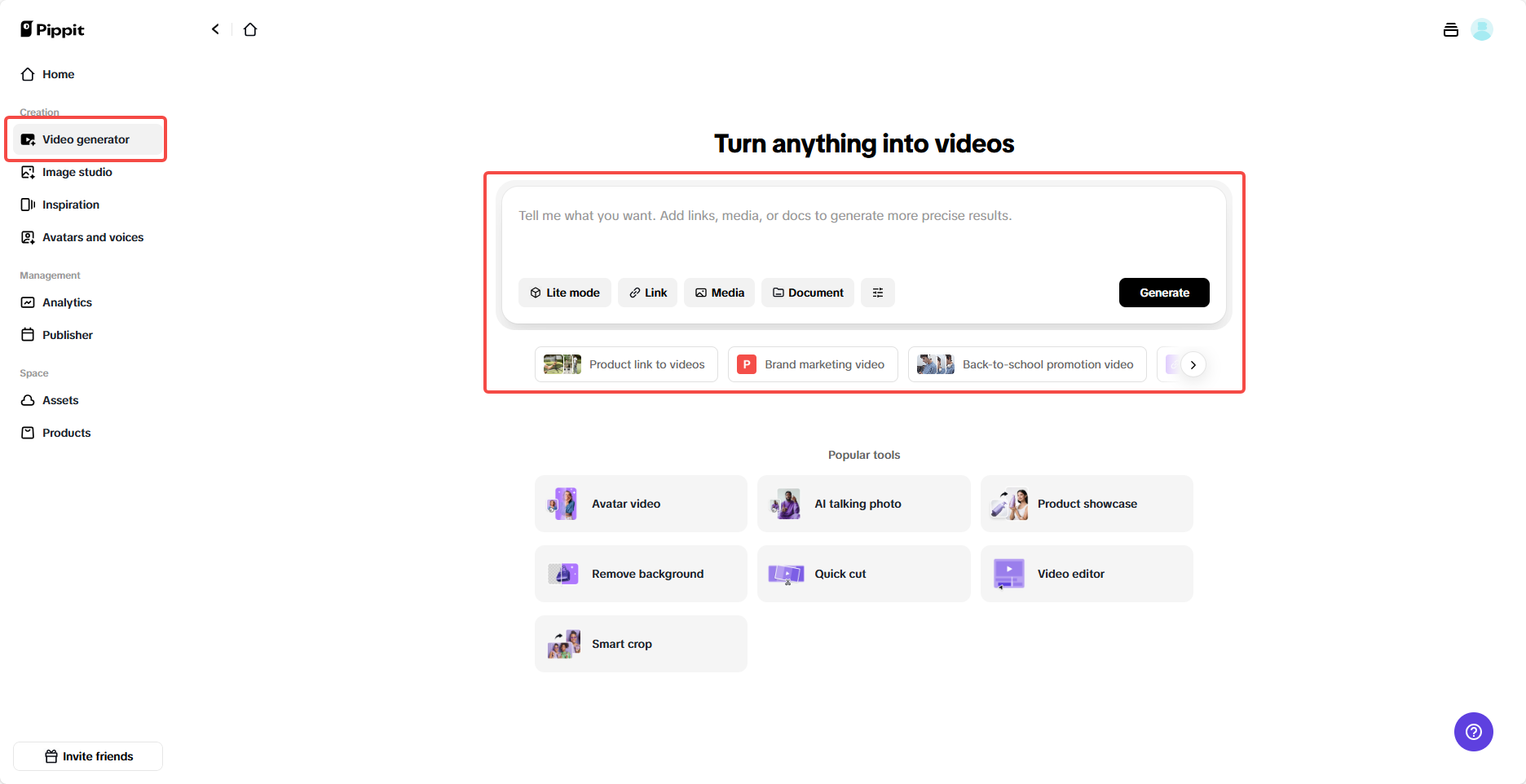 Navigate to the "Video generator"