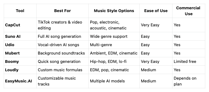 Quick Comparison of the Best AI Music Generators