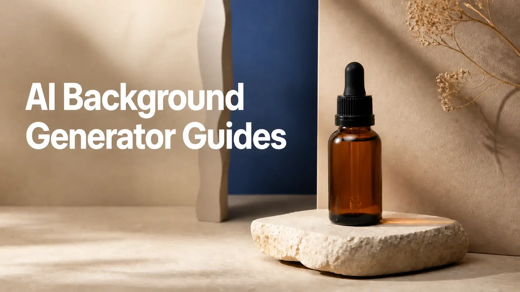 Amber dropper bottle on a stone pedestal in a beige studio backdrop