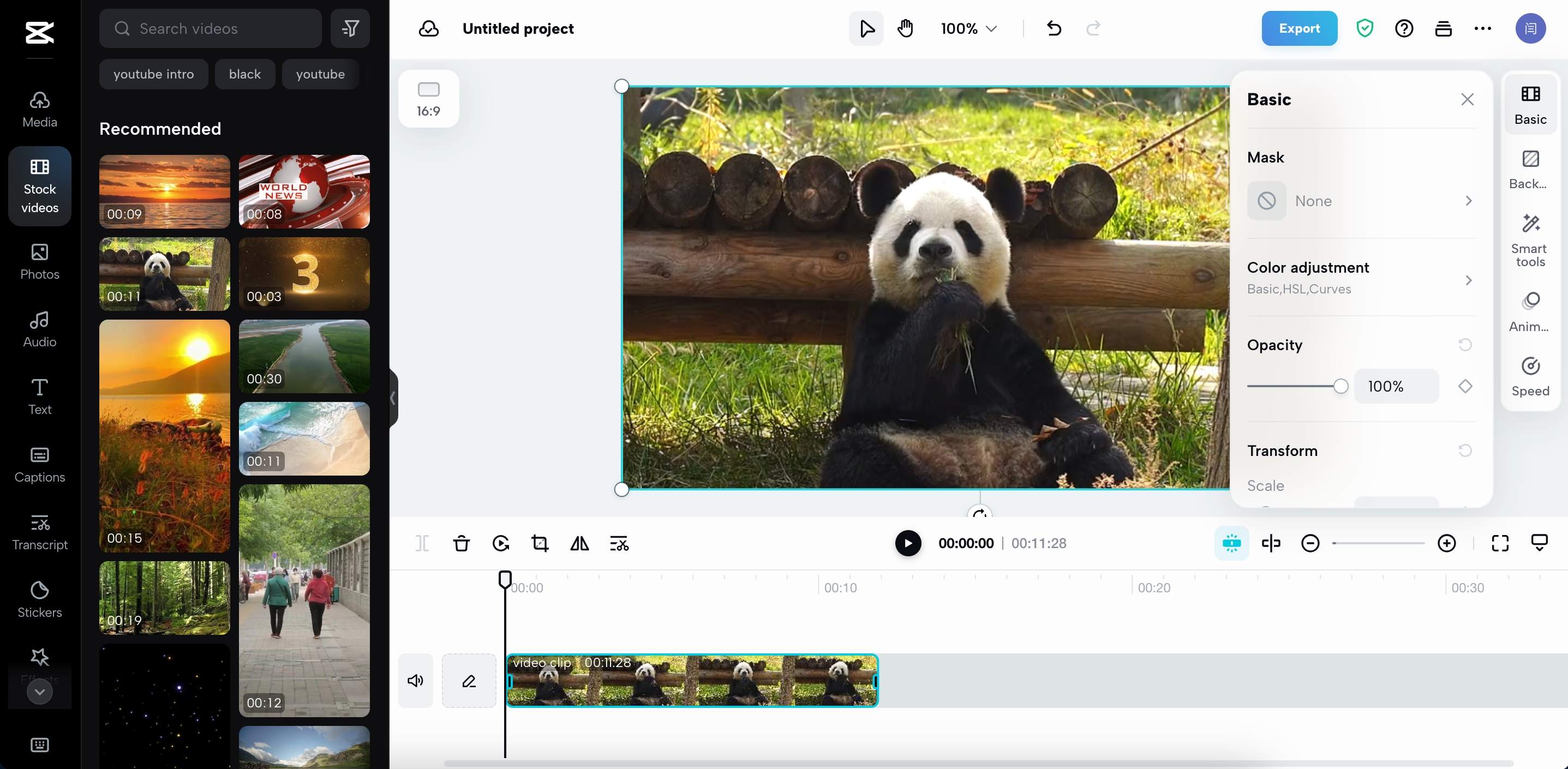 CapCut web editor with stock-video results, a panda preview, and populated timeline