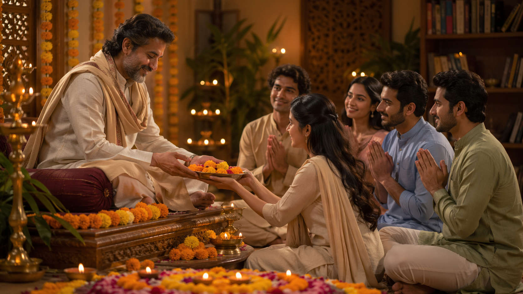 Dreamina Guru Purnima AI Image Prompts prompt example 1: Warm Lamp Gratitude