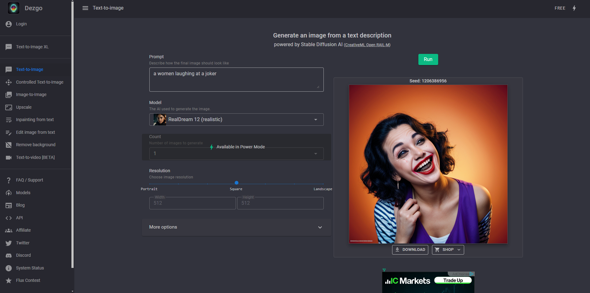 Interface of Dezgo - egy jól ismert ingyenes online AI képgenerátor