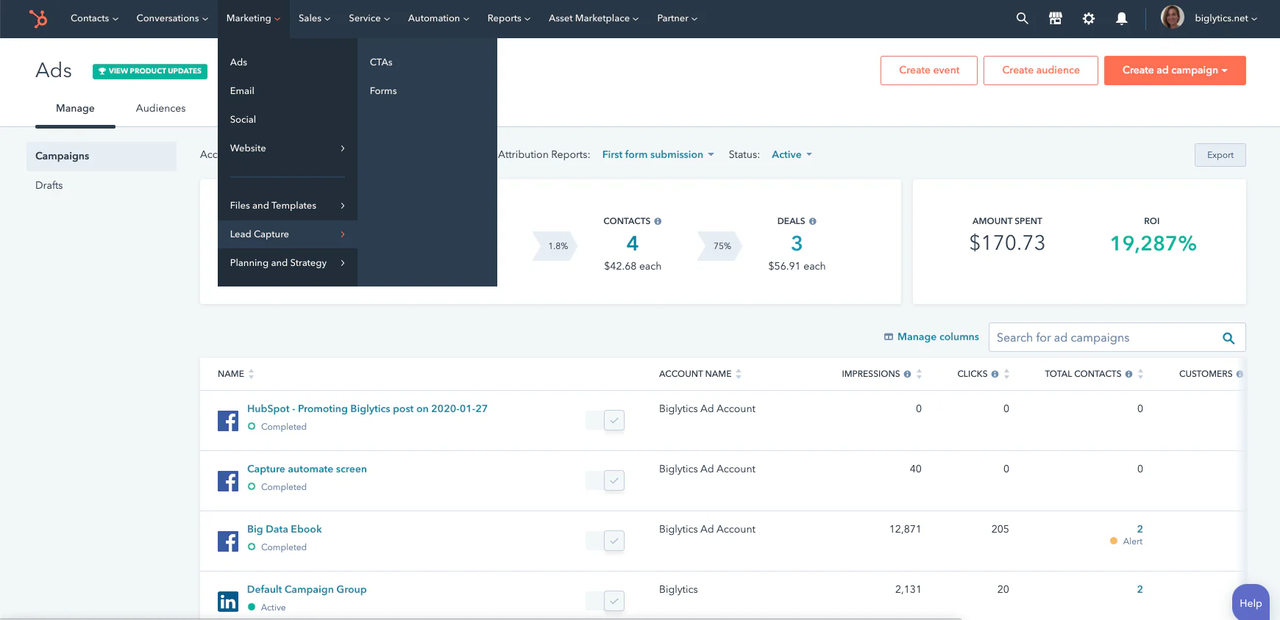 Giao diện HubSpot Marketing Hub