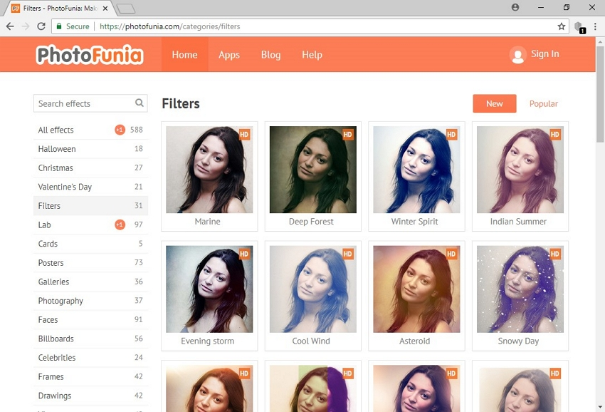 Interface of PhotoFunia - another tool with free photo filters