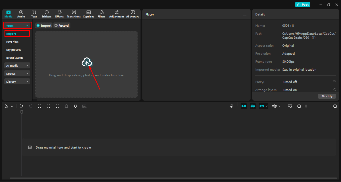 Uploading a video to the CapCut desktop video editor
