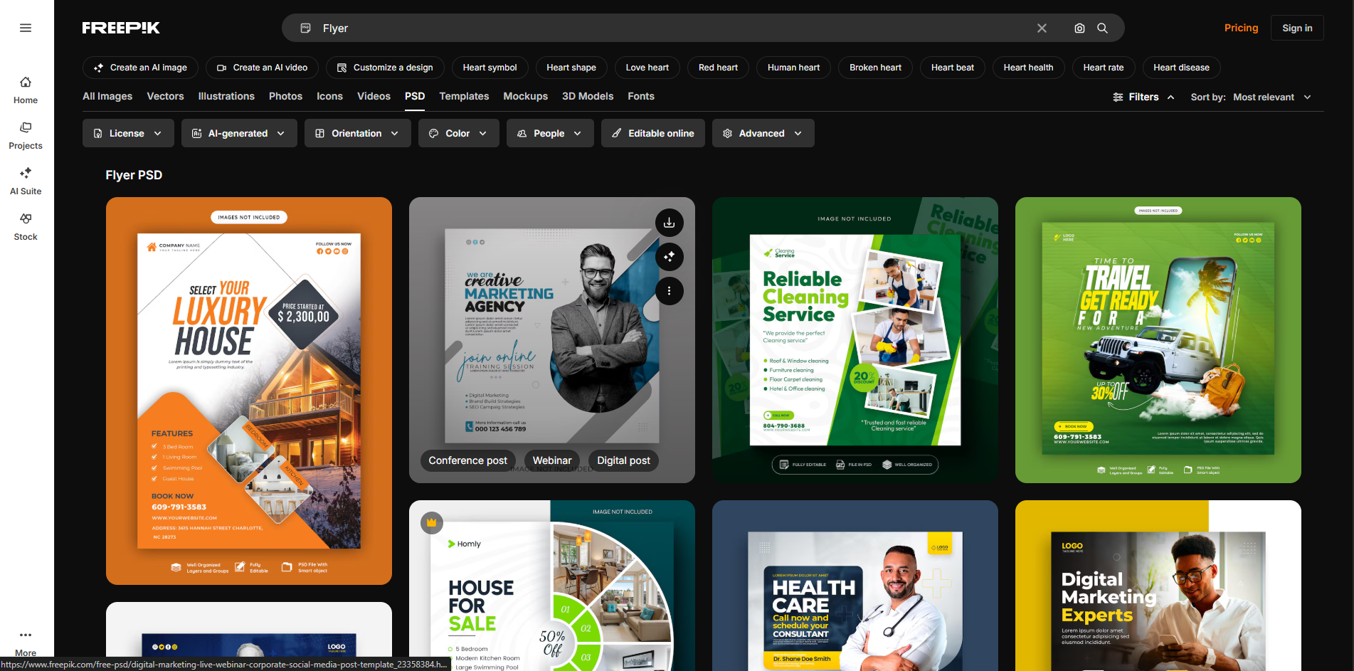 Interface of Freepik - a very good site to get free Photoshop flyer templates