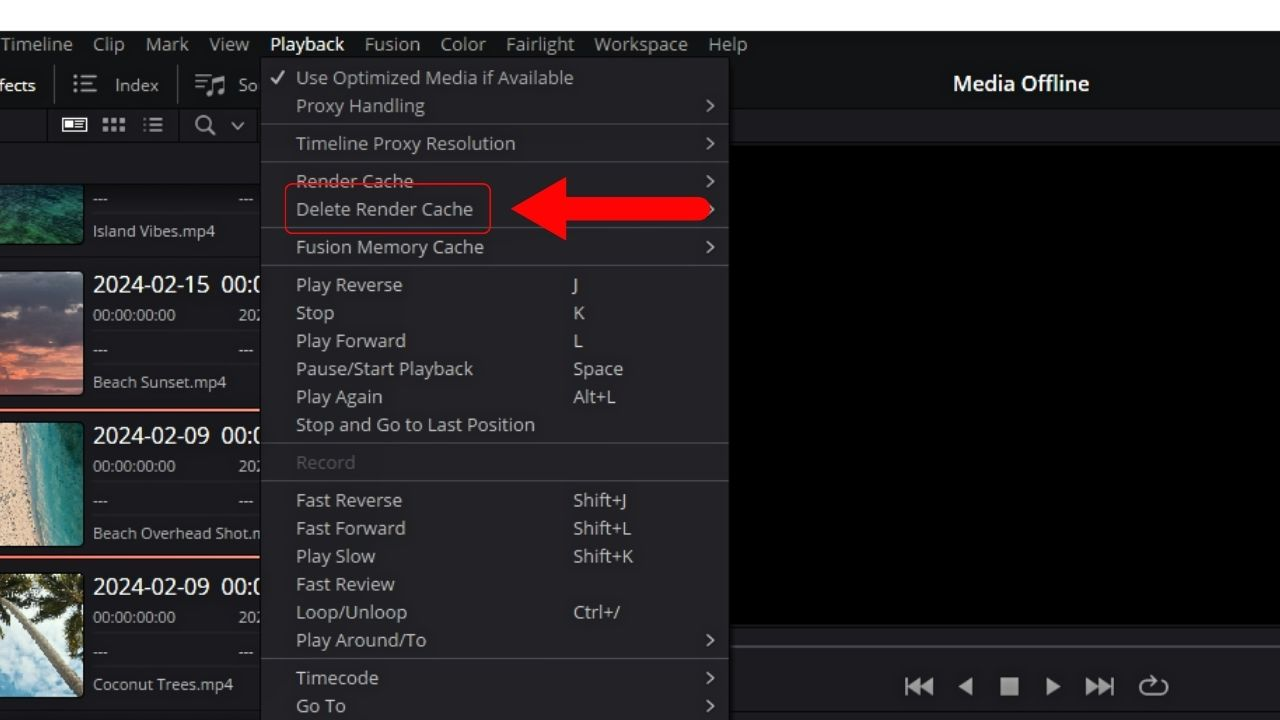 Mengosongkan cache untuk menyelesaikan isu DaVinci Resolve tanpa bunyi