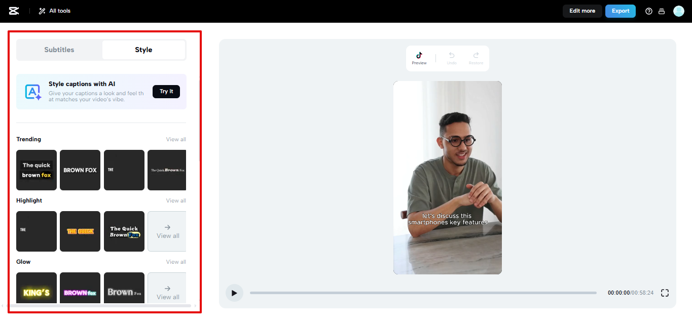 CapCut Web에서 자막 스타일 선택하기