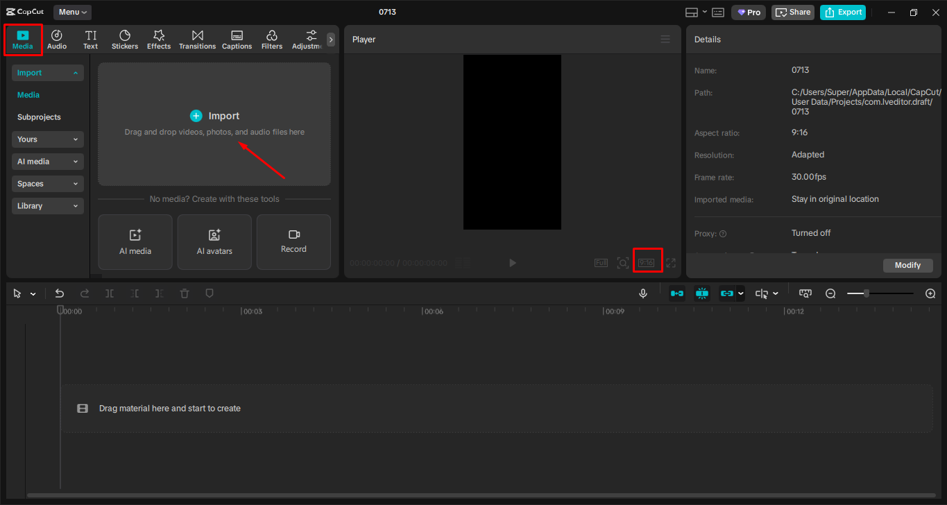 Importing video in the CapCut desktop video editor