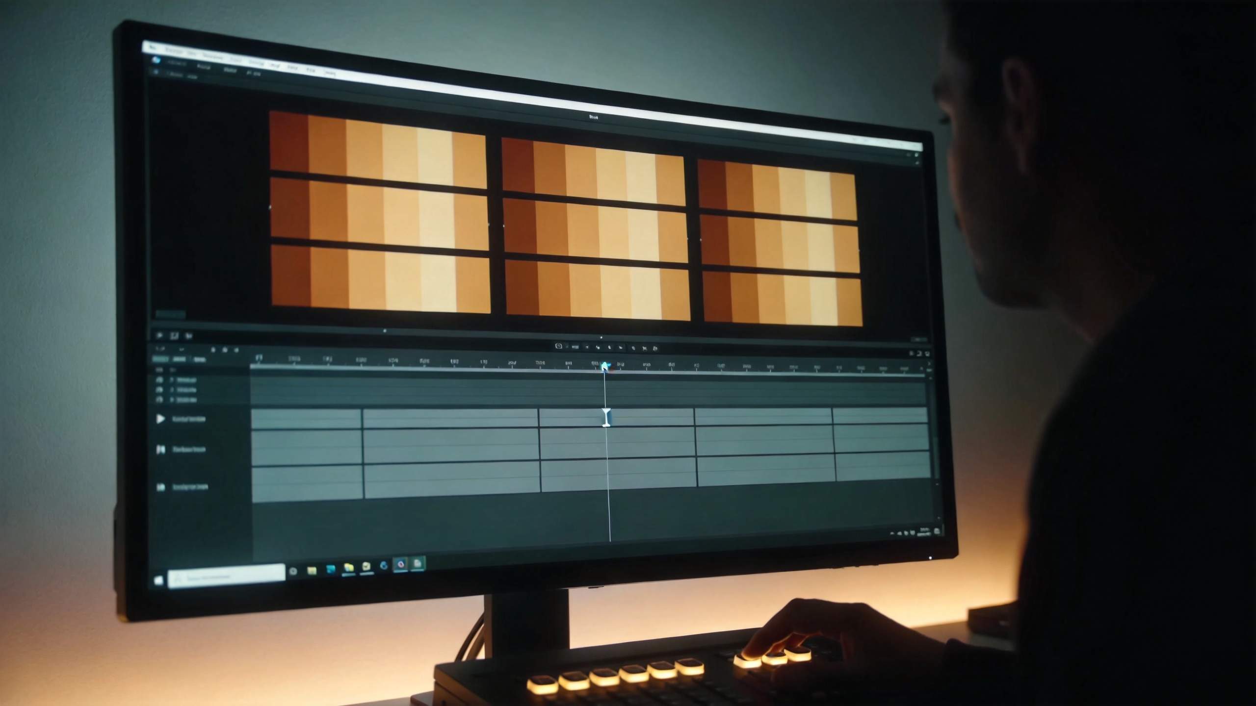 Person editing repeated color blocks on a video timeline at a desktop monitor
