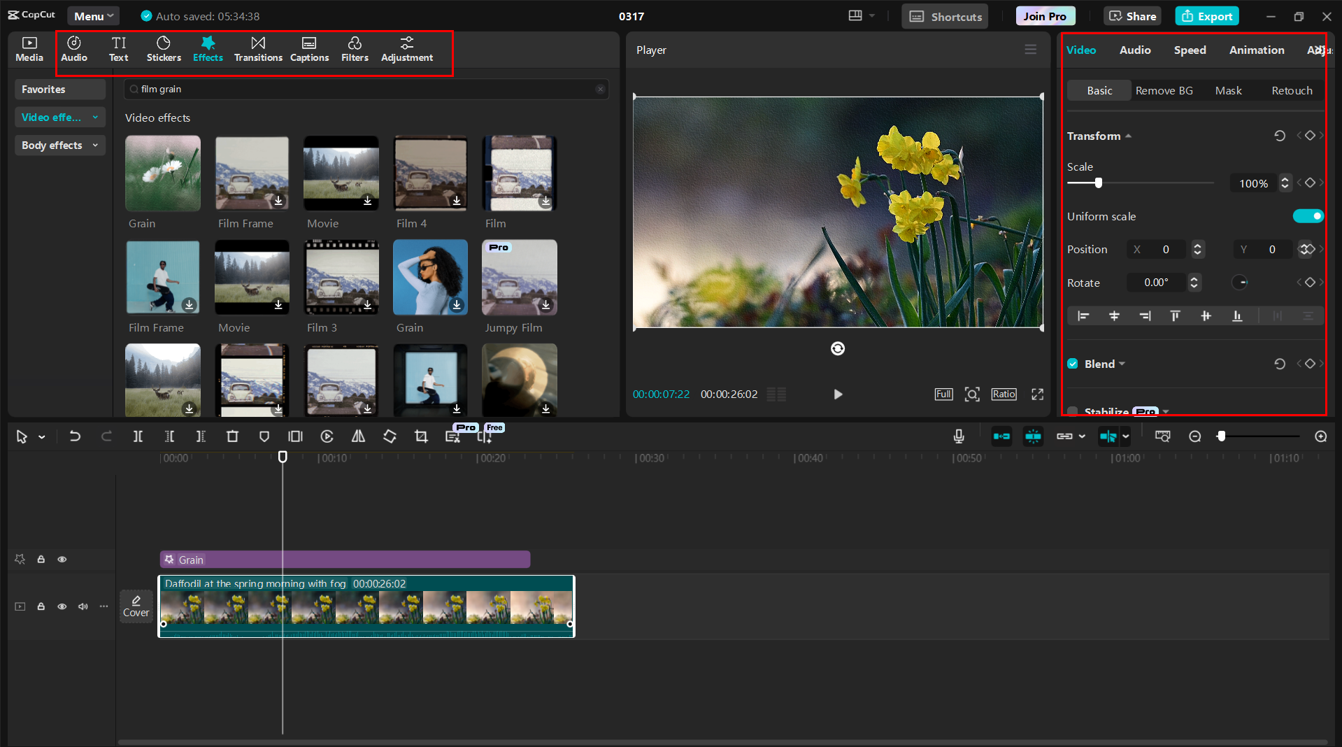 ビデオに穀物効果を適用するCapCutデスクトップビデオエディタのインターフェース