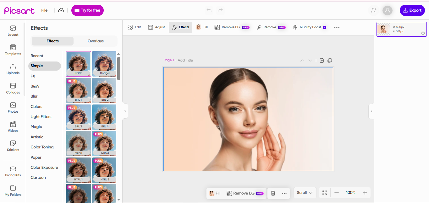 The interface of PicsArt - a widely used face cleaner photo editor